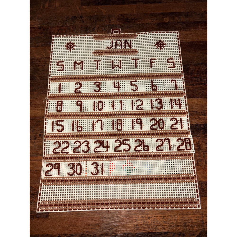 Vintage Handmade Plastic Canvas Perpetual Calendar Wall Hanging Boho Kitschy